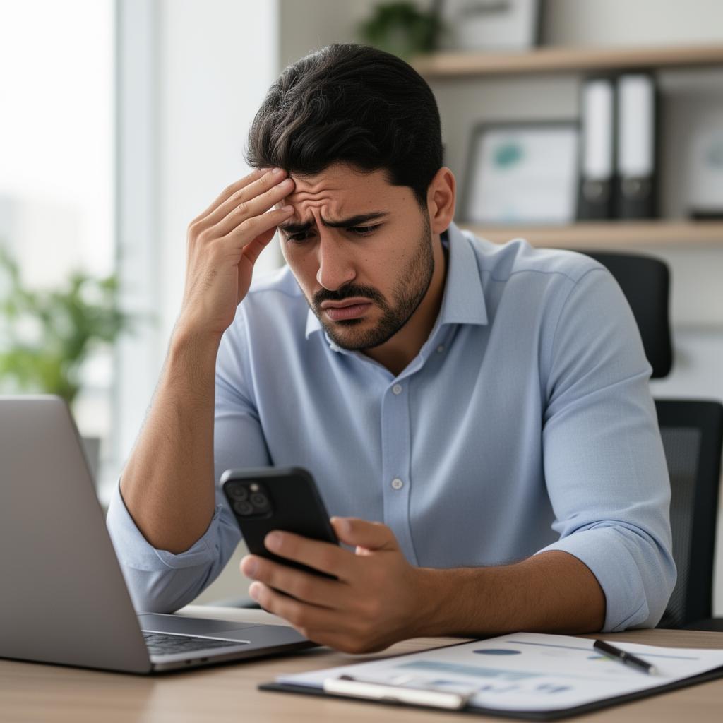 Corretor de imóveis frustrado olhando o WhatsApp sem resposta